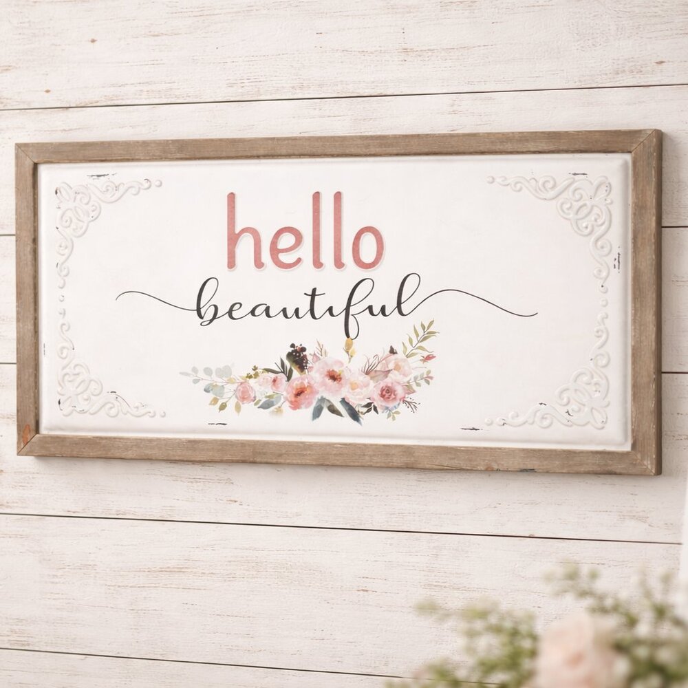 Shabby Chic "Hello Beautiful" Metal Wall Sign for Farmhouse Style Home Decor
